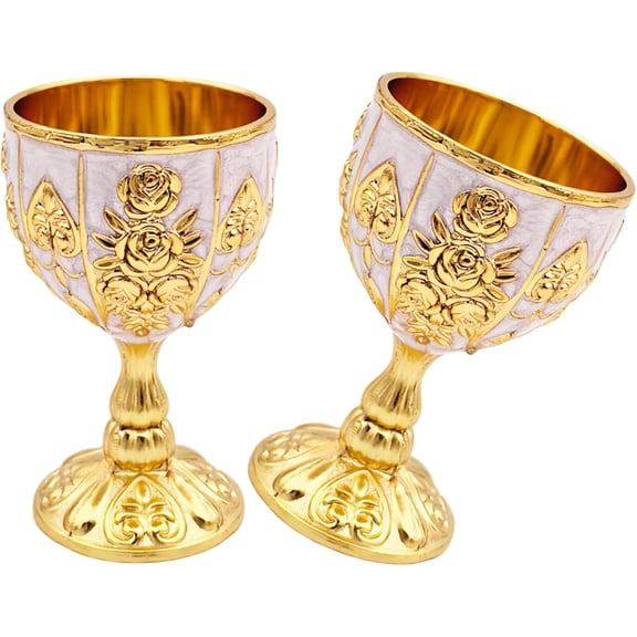 Tesyar Set of 2 Vintage Brass Alloy Goblets, 30ML Golden White Rose Carved Chalice Cups for Wedding Bar Medieval Decor(Silver White)