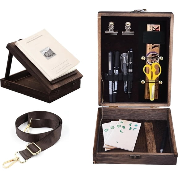 Tesyar Vintage Walnut Wood Art Box, Portable Crossbody Sketch Easel Storage Case for Drawing & Writing