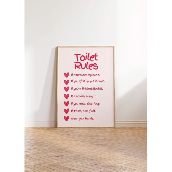 Tet Rules Bathroom Typography Retro Quote Minimalist In Pink |Wall Decor|| Home Decor, Check , Wall Art Unframed Paper Print