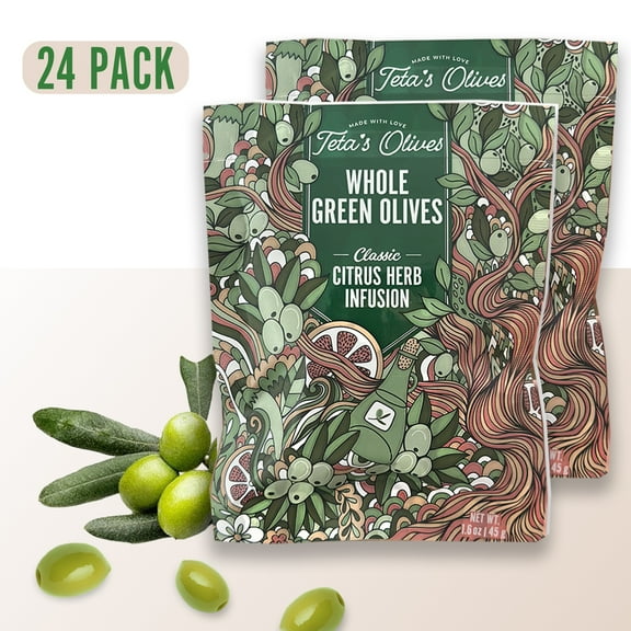 Teta's Double Marinated Green Olives Snacks, Lemon Citrus Herb, 24-Pack, 1.6oz