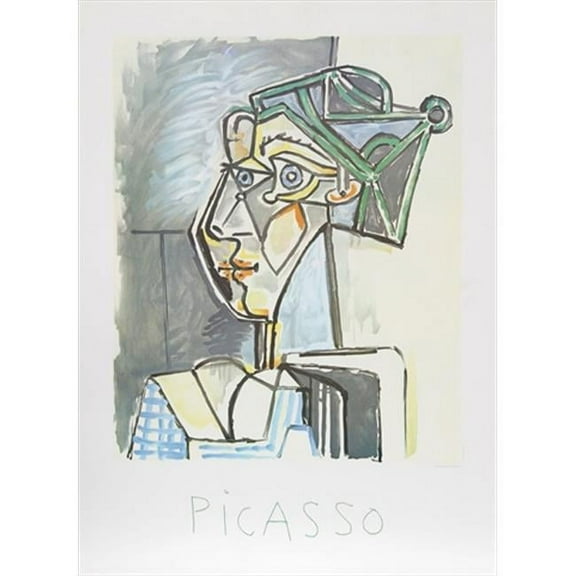 Tete de Femme au Chignon - Blue-Green-Yellow-Gray - Lithograph on Paper 29 In. x 22 In.