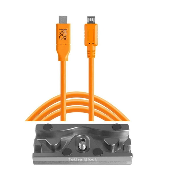 Tether Tools TetherBLOCK QR Plus Quick Release Plate with TetherPro 15' USB-C to Micro-USB 2.0 Type-B 5-Pin Cable, Orange
