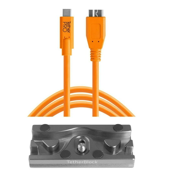 Tether Tools TetherBLOCK QR Plus Quick Release Plate with TetherPro 15' USB-C to Micro-USB 3.0 Type-B Cable, Orange