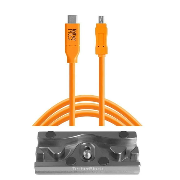 Tether Tools TetherBLOCK QR Plus Quick Release Plate with TetherPro 15' USB-C to Mini-USB 2.0 Type-B 8-Pin Cable, Orange