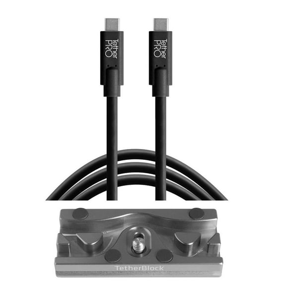 Tether Tools TetherBLOCK QR Plus Quick Release Plate with TetherPro 15' USB-C to USB-C Cable, Black