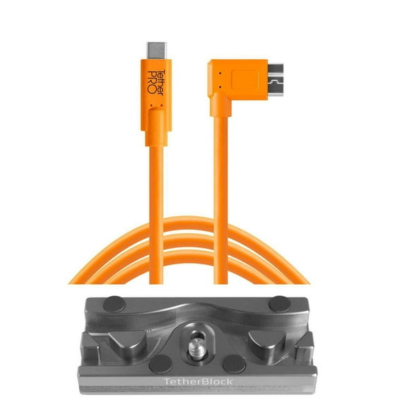 Tether Tools TetherBLOCK QR Plus Quick Release Plate with TetherPro 15' USB Type-C to Micro-USB 3.0 Type B Right Angle Cable, Orange