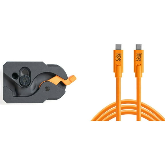 Tether Tools TetherGuard LeverLock Plate and TetherPro 15' USB-C Straight Cable, High-Visibility Orange