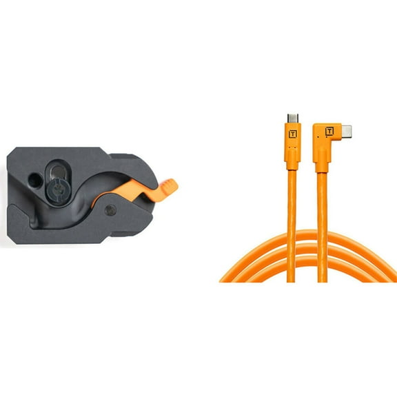 Tether Tools TetherGuard LeverLock Plate and TetherPro 15' USB-C Straight to Right Angle Cable, High-Visibility Orange
