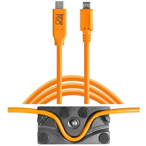 Tether Tools TetherBLOCK MC Multi Cable Mounting Plate with TetherPro 15' USB-C to Micro-USB 2.0 Type-B 5-Pin Cable, Orange
