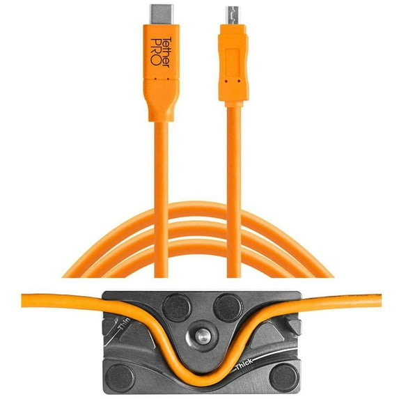 Tether Tools TetherBLOCK MC Multi Cable Mounting Plate with TetherPro 15' USB-C to Mini-USB 2.0 Type-B 8-Pin Cable, Orange