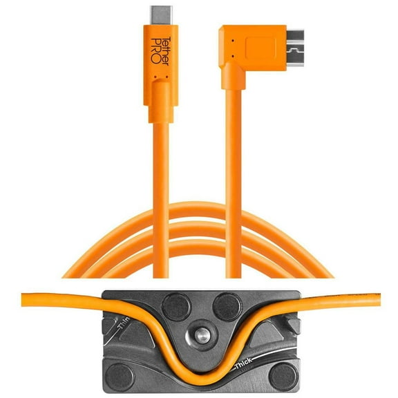 Tether Tools TetherBLOCK MC Multi Cable Mounting Plate with TetherPro 15' USB Type-C to Micro-USB 3.0 Type B Right Angle Cable, Orange