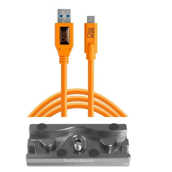 Tether Tools TetherBLOCK QR Plus Quick Release Plate with TetherPro 15' USB 3.0 to USB-C Cable, Orange