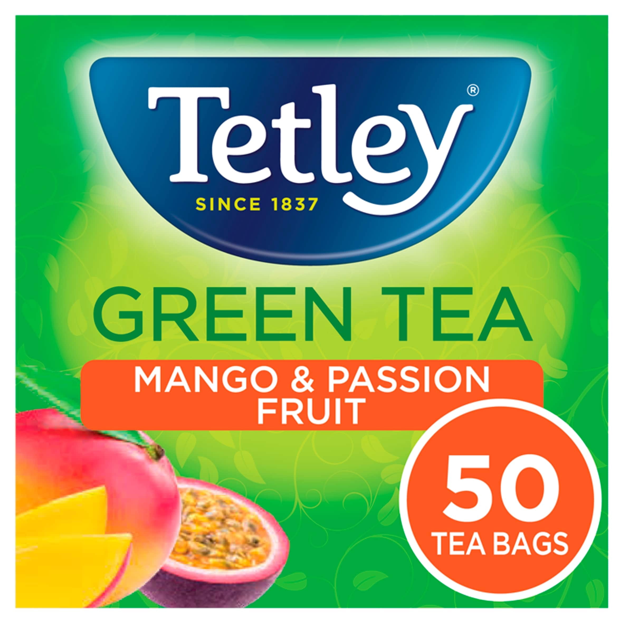 Tetley Green Tea Mango & Passion Fruit 50 Tea Bags 100G, Imported from Britain