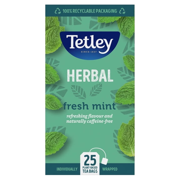Tetley Herbal Fresh Mint 25 Plant-Based Tea Bags 37.5g (pack of 6)
