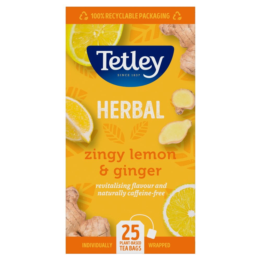 Tetley Herbal Zingy Lemon & Ginger 25 Plant Based Tea Bags 50g  (pack of 6)
