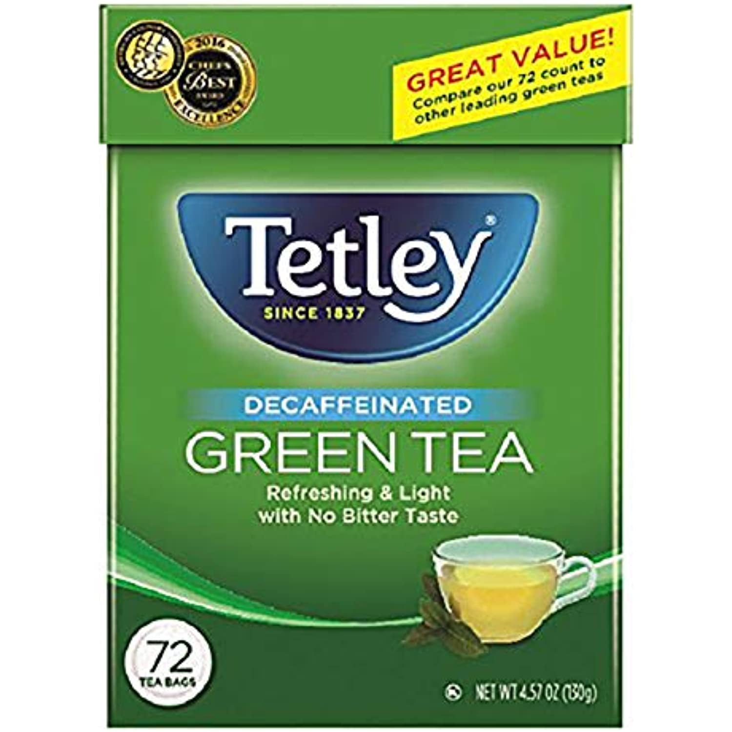 Tetley Natural Decaf Green Tea, Decaffinated Tea, 72 Count (Pack Of 6