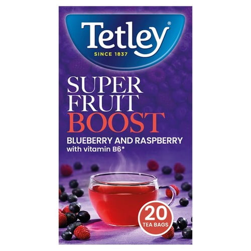 Tetley Super Fruit Tea Boost Blueberry & Raspberry Tea Bags 20's, British Import (Pack of 3)