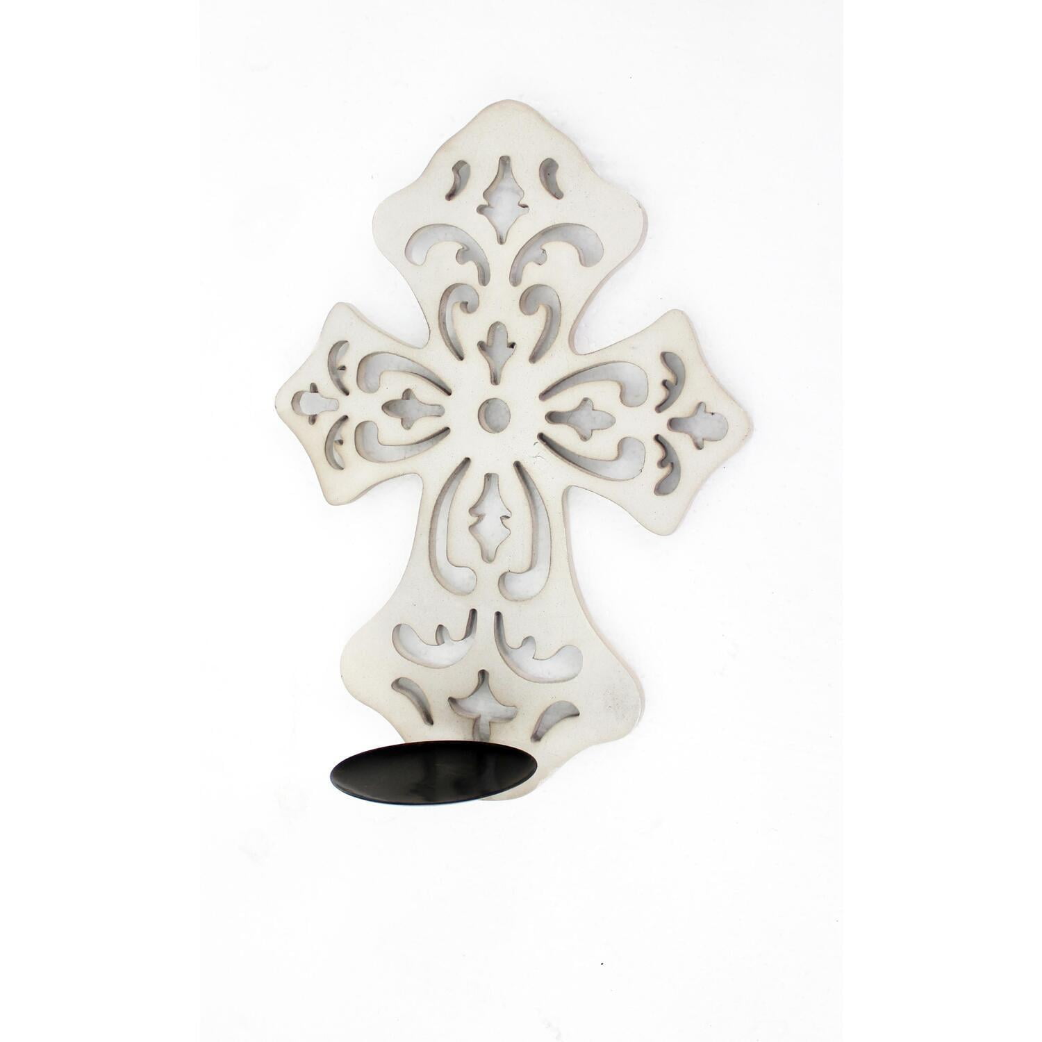 Transitional Wooden Cross Candle Holder with Cutout Design