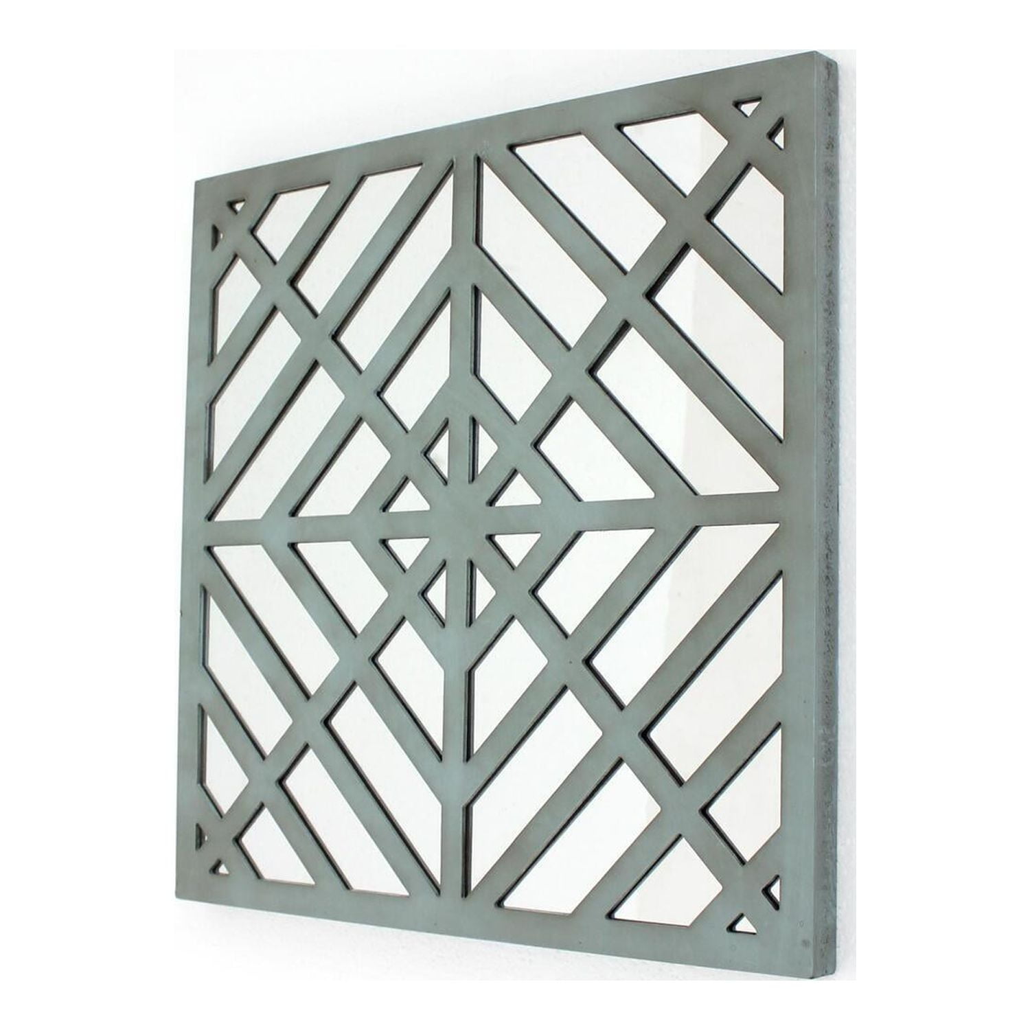 Blue Geometric Patterned Square Wooden Wall Mirror