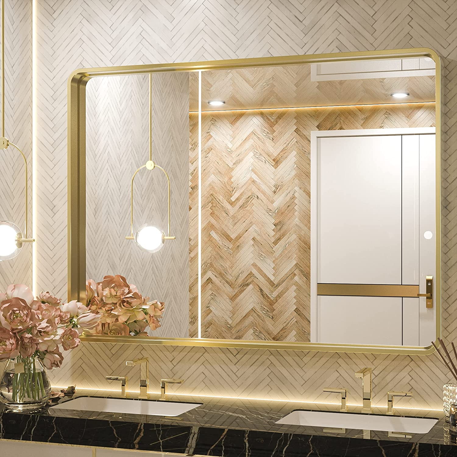 PAIHOME 30 in. W x 40 in. H Large Square Mirrors Metal Framed Bathroom Mirror Wall Mirrors Bathroom Vanity Mirror in Gold