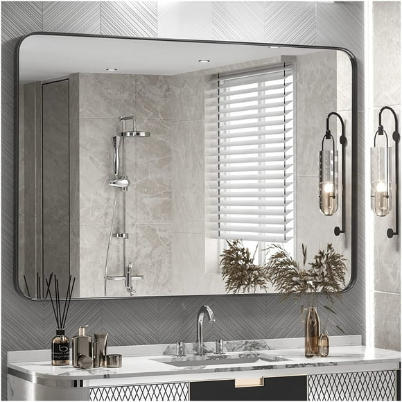 Tetote 40x30 inch Black Frame Mirror, Matte Metal Frame Bathroom Vanity Mirror for Wall, Farmhouse Wall Mounted Rectangle Mirror (Horizontal/Vertical)