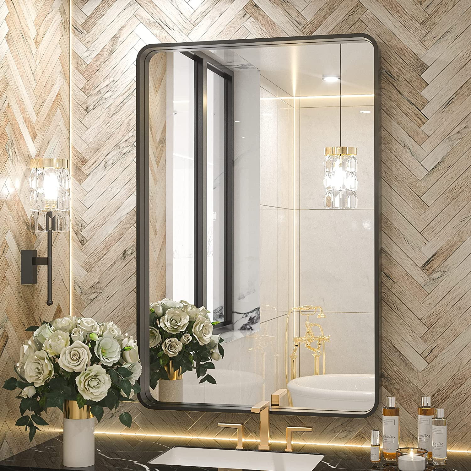 Tetote Black Framed Bathroom Mirror, 24 x 36 inch Matte Metal Frame Vanity  Mirror, Farmhouse Wall Mounted Rectangle Mirror (Horizontal/Vertical) 