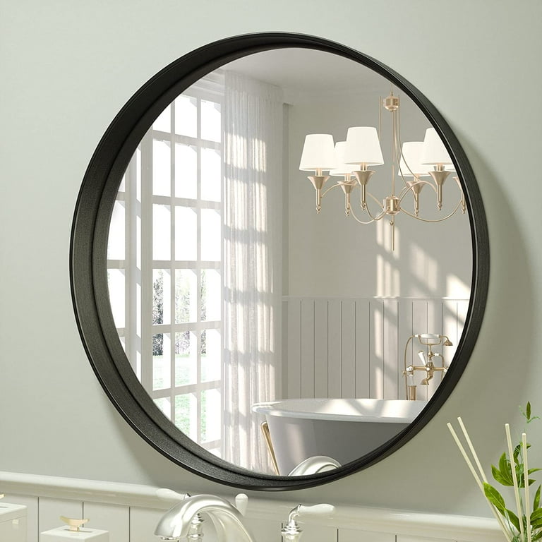 HEYFOXES Round Mirror 24 Inch,Matter Black, Rustic Metal Frame Circle  Mirror Wall Mounted, for Bathroom, Entryway, Living Room or Make Up.