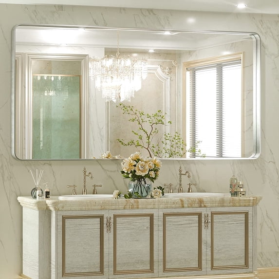 Tetote Modern Metal Frame Wall Mounted Bathroom Vanity Mirror 72x36 - Silver