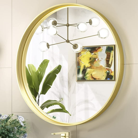 Tetote Wall Mirror Round Bathroom Mirror, 24" Dimension Circle Mirrors for Vanity, Champagne Gold Modern Brushed Metal Framed Wall Mounted Farmhouse Decorative Entryway Mirror Shatterproof