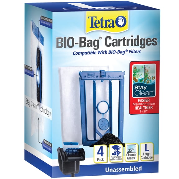 Tetra Whisper Bio-Bag with Stay Clean, Large Filter Cartridges for Aquariums, 4 Count, Unassembled, Fits Tetra Whisper Fish Tank Filters 10-30 Gal, 20-40 Gal, PF-20, 30, 40, 60, IQ 20, 30, 45, 60