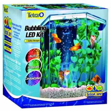 Tetra Bubbling LED Aquarium Kit 1 Gallon, Hexagon Shape, with Color-Changing Light Disc, Acrylic