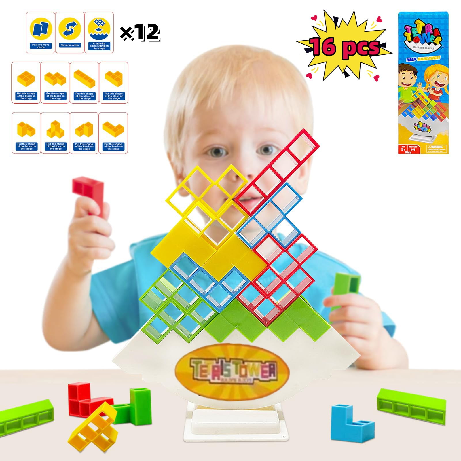 Tetra Tower Game,32 pcs Tetris Tower Balance Board Game for Kids Adults,  Brain Memory STEM Toys Games for Family Night, Parties, Travel, Christmas