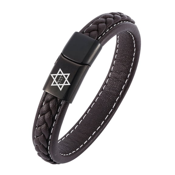Tetragrammaton Jewelry - Jewish Star of David with Hebrew Name of God Yhwh Jehovah Amulet Leather Cuff Bracelet Bangle - Kingdoms of Israel Judah Wristband for Protection, Brown, 7.28''