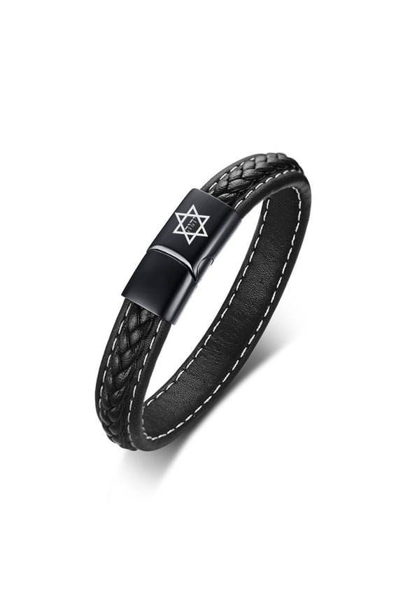 Tetragrammaton Jewelry - Jewish Star of David with Hebrew Name of God Yhwh Jehovah Amulet Leather Cuff Bracelet Bangle - Kingdoms of Israel Judah Wristband for Protection, Black, 7.28''