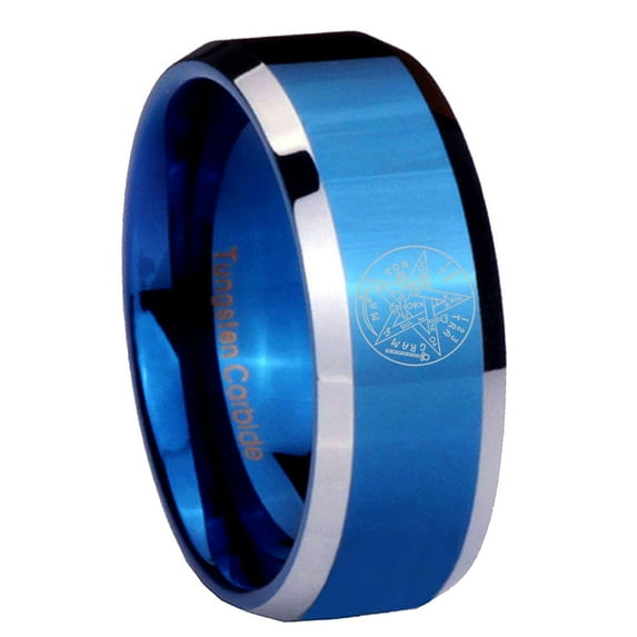 Tetragrammaton Spiritual Kabbalah 8MM Beveled Edge Blue Tungsten Men Ring