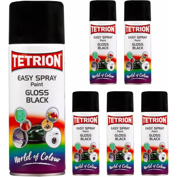 Tetrion Easy Spray Paint – Gloss Black 400ml (Pack of 6) - All-Purpose Fast Drying Acrylic Spray for Wood, Metal, Plastic, Ceramic & More, Smooth Base Coat - Indoor & Outdoor Use, 13.5 Oz