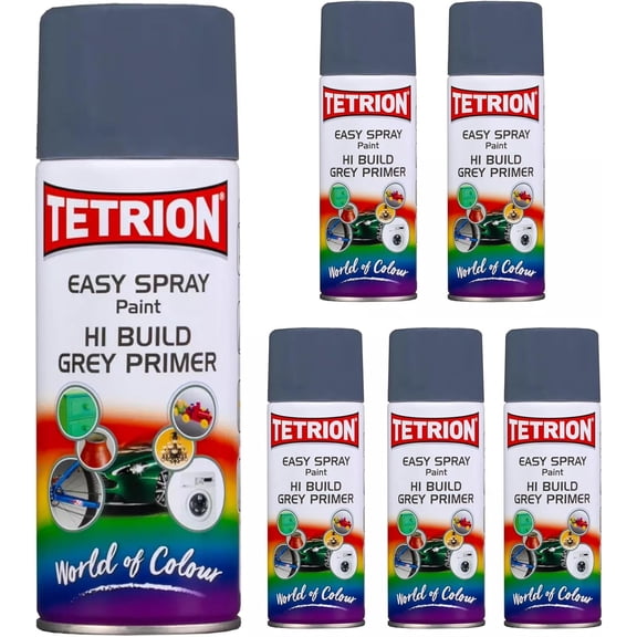 Tetrion Easy Spray Paint Primer - Hi-Build Grey Primer 400ml (Pack of 6) - Acrylic Spray Paint for Wood, Metal, Plastic, Ceramic & More - Smooth Base Coat for Paint - Indoor & Outdoor Use, 13.5 Oz