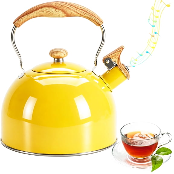 Teupoa 2.64 QT Whistling Tea Kettle for Stovetop, Yellow Stainless Steel Teapot with Foldable Handle