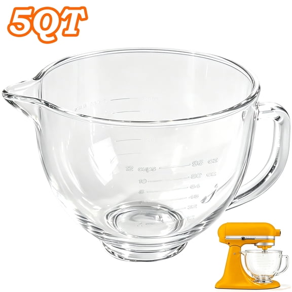Teupoa 5 QT Glass Mixer Bowl for KitchenAid 5 QT Tilt-Head Stand Mixers, 5 qt Mixing Bowl for Kitchen Aid with Measurement Markings & Handle
