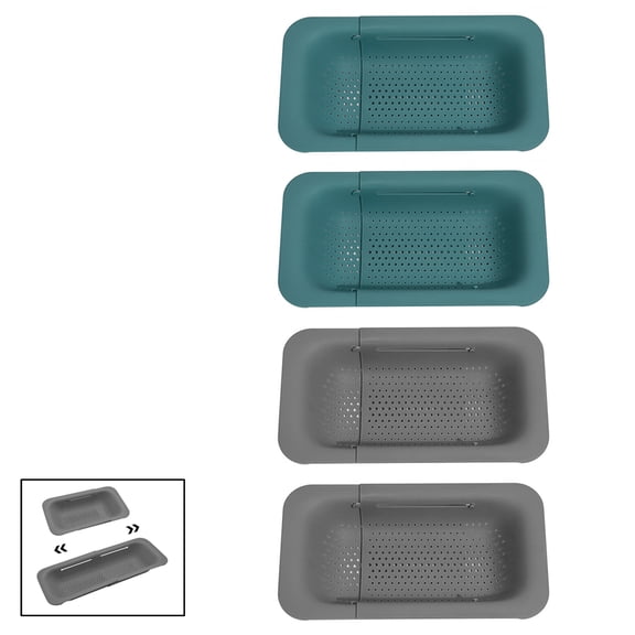 Teuuea 4 Pieces Adjustable Dish Drying Rack, Extendable Kitchen Sink Drain Basket Drainer Strainer, Stackable Retractable Over the Sink Colander, for Vegetable Fruit (Green and Gray)