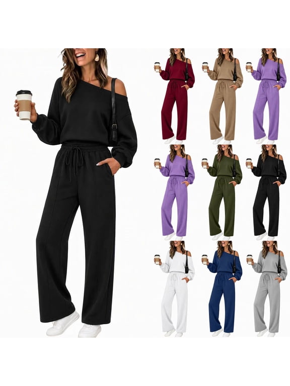 2 Piece Lounge Sets for Women One Shoulder Long Sleeve Pullover Straight Leg Pants with Pockets Sweat Set Fall Tracksuit Outfits