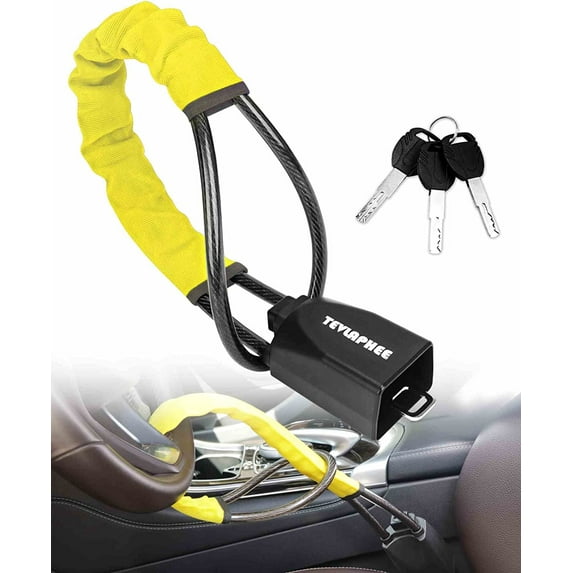 Tevlaphee Steering Wheel Lock Seat Belt Lock Universal Anti Theft Car Device Car Lock Car Theft Prevention with 3 Keys for Car Security Fit Most Vehicles Truck SUV Van(Yellow)