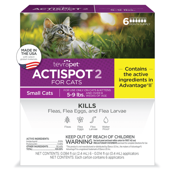 TevraPet Actispot II Flea Treatment for Small and Medium Cats 5-9 lbs | Monthly Topical | 6 Count