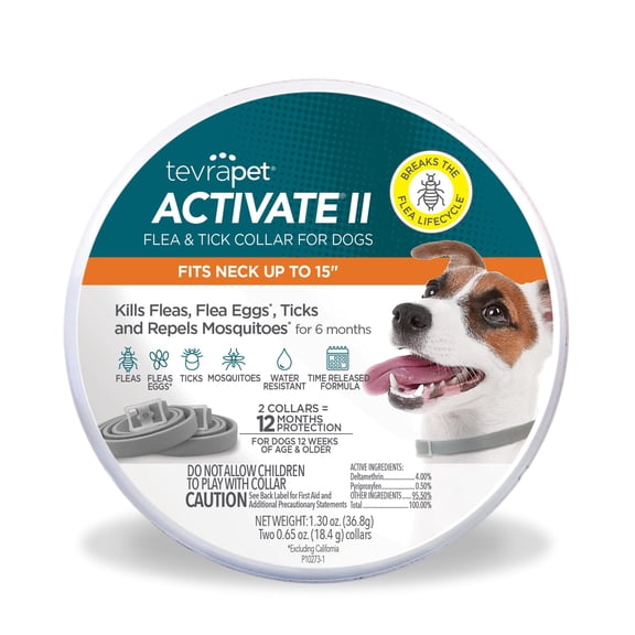 TevraPet Activate II Flea and Tick Collar for Small Dogs, 12 Months Prevention, 2 Count, Fits Up 15" Size Neck