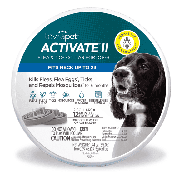 TevraPet Activate II Flea and Tick Collar for Dogs One Size Fits All, 12 Months Protection, 2 Count