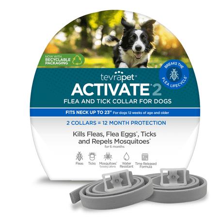 TevraPet Activate II Flea and Tick Collar for Dogs One Size Fits All, 12 Months Protection, 2 Count