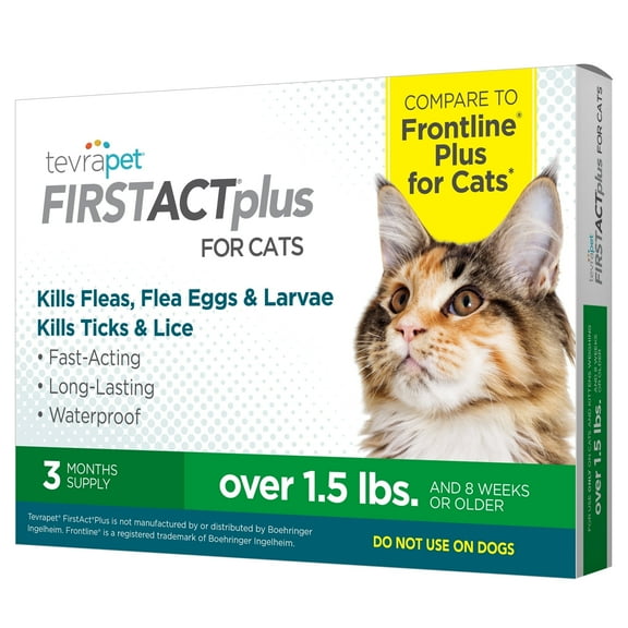 TevraPet FirstAct Plus Flea and Tick Prevention for Cats over 1.5 lbs, 3 Monthly Treatments