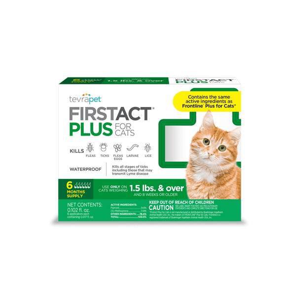 TevraPet FirstAct Plus Flea and Tick Prevention for Cats 1.5 lbs+, 6 Dose
