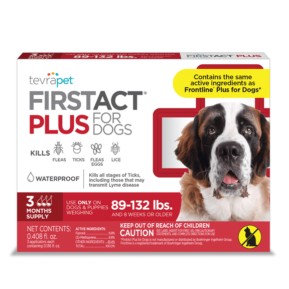 TevraPet FirstAct Plus Flea and Tick Prevention for Extra Large Dogs 89-132 lbs, 3 Monthly Treatments