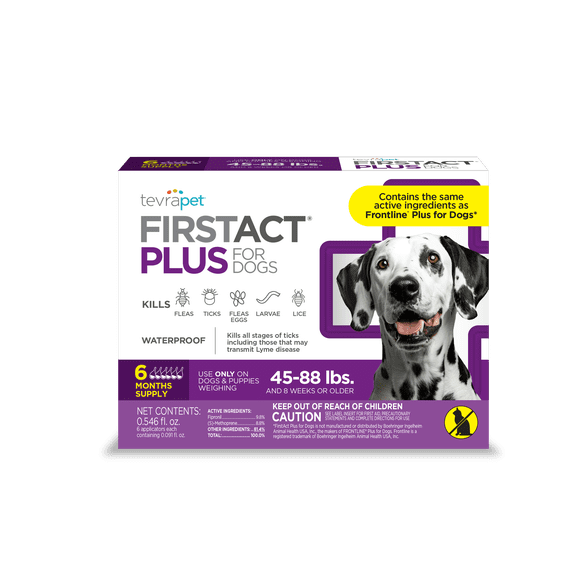 TevraPet FirstAct Plus Flea and Tick Prevention for Large Dogs 45-88 lbs, 6 Monthly Doses, Topical Drops
